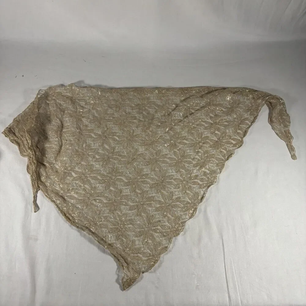 Gold Lace Triangle Shawl and Metallic Print Scarf Lot of 2